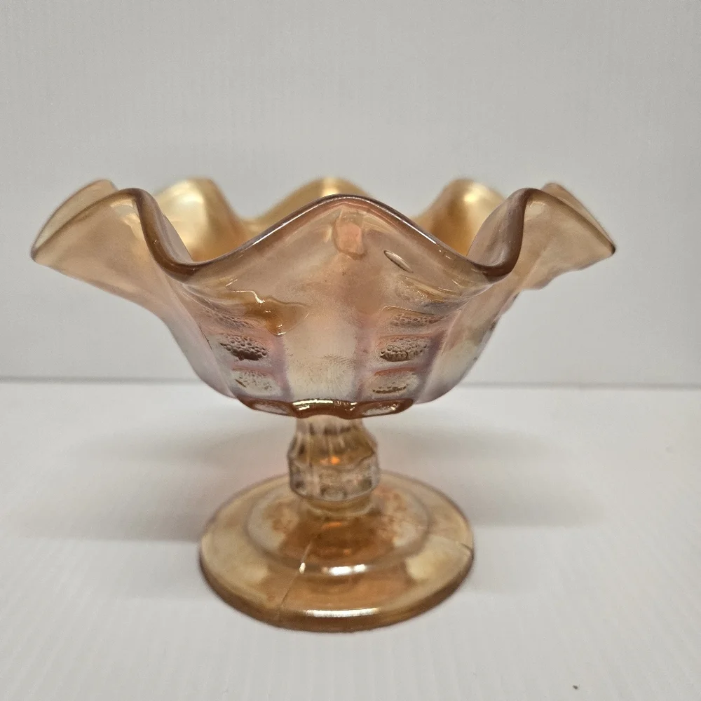 Marigold Carnival Glass Pedestal Ruffled Edge Compote Candy Dish Vintage